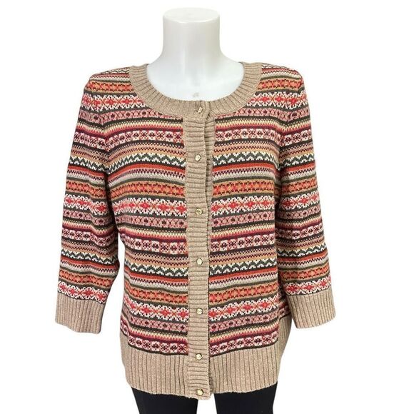 Talbots Fair Isle Wool Blend Button Up‎ Cardigan Sweater 3/4 Sleeve sz Large - Picture 1 of 8